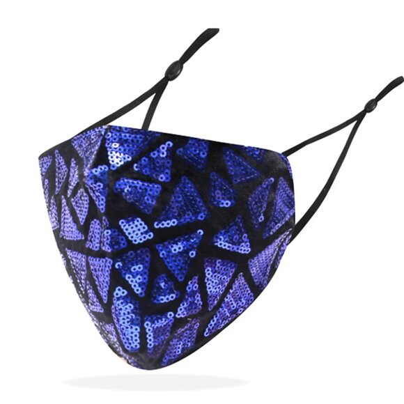 NWT / SEALED Blue Geometric Sequin Face Mask | Sparkly Glam Accessory - Picture 3 of 5
